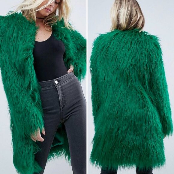ASOS faux Mongolian lamb fur shaggy midi coat festival rave teal blue green S